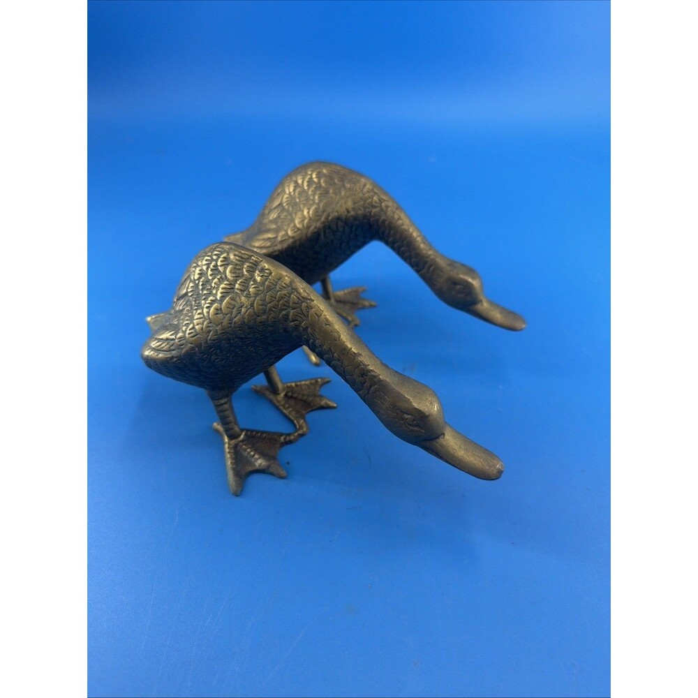 Vintage Pair Brass Ducks Goose Geese Bird Figurine 8" Set of 2 Standing Web Feet